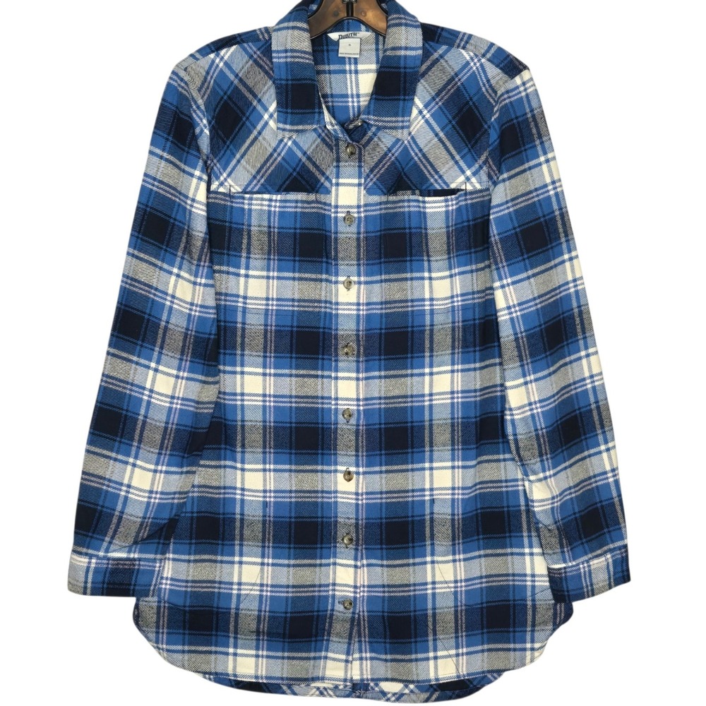 Duluth Women's Small Blue Plaid Cotton Button Down Tunic Top Plaid Flannel Shirt